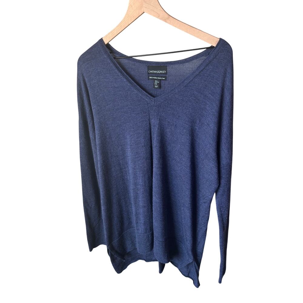 Cynthia Rowley Blue 100% Extrafine Merino Wool Long-Sleeve Sweater Size XL
